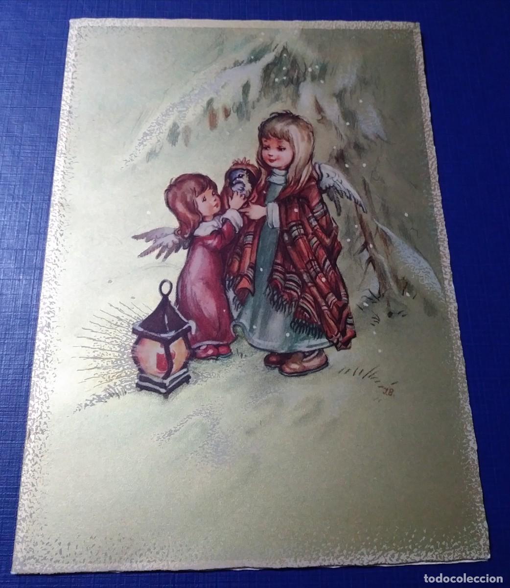 Postales: Postal de Navidad de angelitos con pajarito - Foto 1