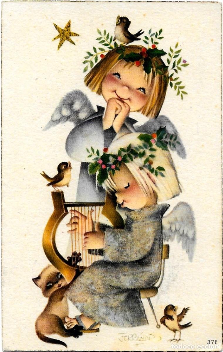 Cartoline: 0804I -FERR&Aacute;NDIZ SERIE 376 - ANGELITOS TOCANDO LA LIRA, GATO, P&Aacute;JARITOS -11,5X6,5CM - DATA 1965
