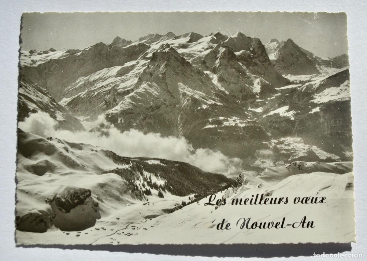 Postais: Bonita Felicitaci&oacute;n Navide&ntilde;a. Alpes Suizos. Blanco y negro. 7 x 10 cm. Escrita. A&ntilde;o 1979