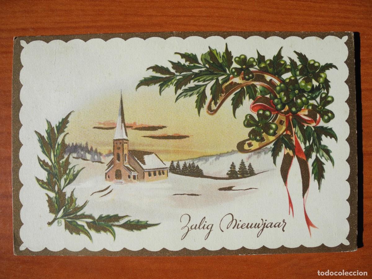 Postkarten: Postal de Navidad. Trebol de 4 hojas Herradura Paisaje nevado. 14x9. Circulada sin sello.