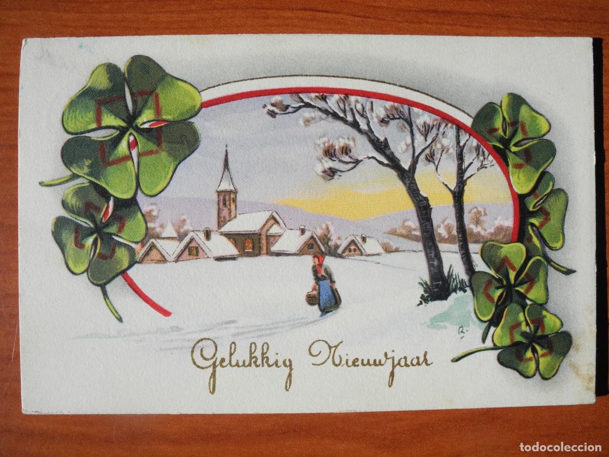 Postkarten: Postal de Navidad. Trebol de 4 hojas Paisaje nevado. Contornos dorados. 14x9. Circulada sin sello.