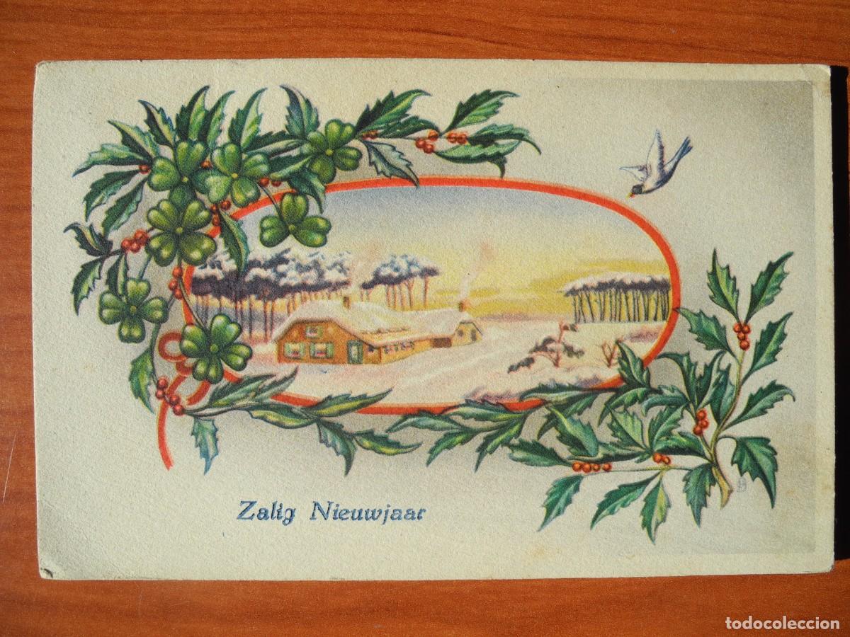Postkarten: Postal de Navidad. Trebol de 4 hojas Acebo Paisaje nevado. 14x9. Circulada sin sello 1948