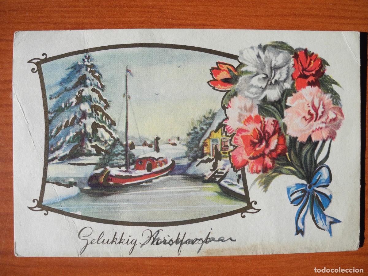 Postkarten: Postal de Navidad. Flores Claveles Paisaje nevado barco. 14x9. Circulada con sello 1955