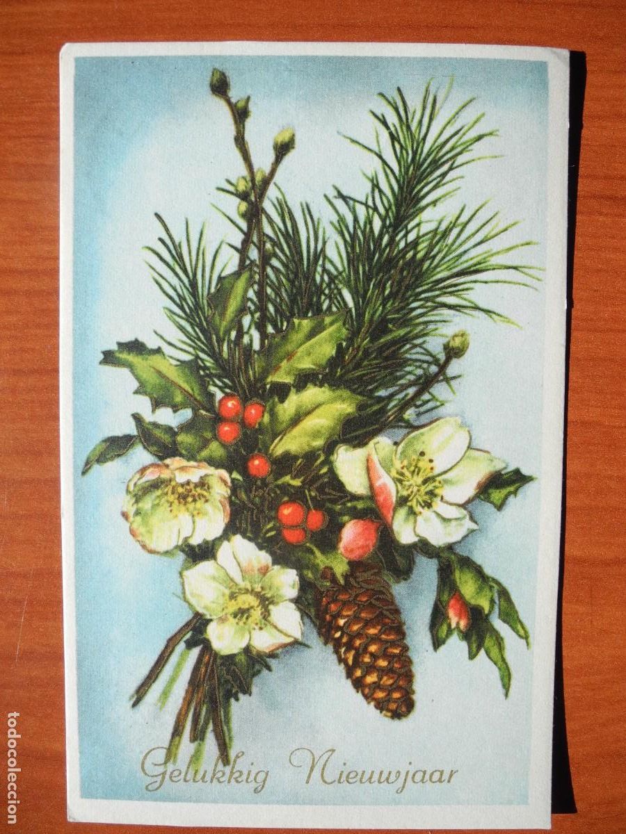 Postais: Postal de Navidad. Flores pi&ntilde;a acebo contornos dorados. 14x9. Circulada con sello a&ntilde;os 50