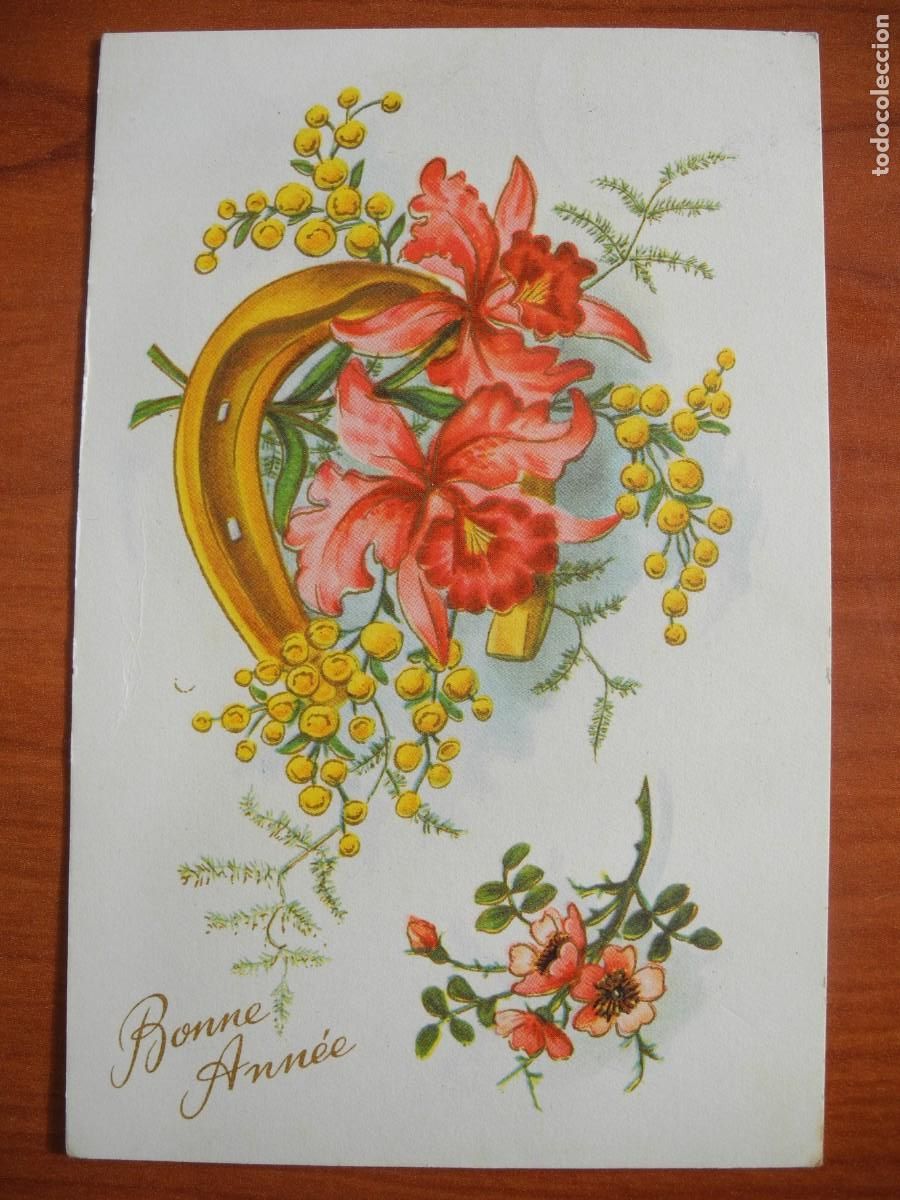 Postais: Postal Navidad. Flores herradura contornos dorados. 14x9. Circulada con sello A&ntilde;os 50