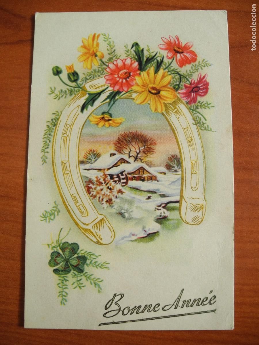 Postais: Postal Navidad. Flores herradura contornos dorados paisaje nevado. 14x9. Escrita sin circular