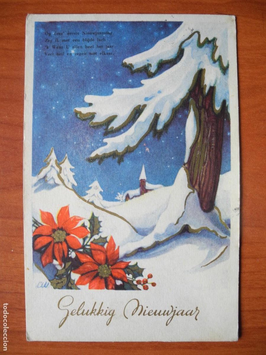 Postais: Postal Navidad. Flores paisaje nevado contornos dorados. 14x9. Circulada sin sello 1958