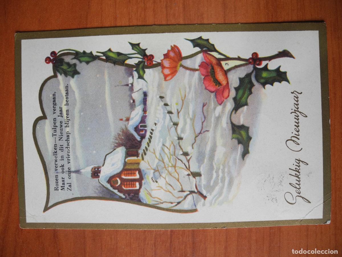 Postais: Postal Navidad. Flores paisaje nevado contornos dorados. 14x9. Circulada con sello 1954