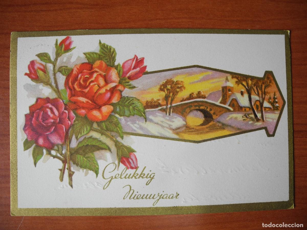 Postais: Postal Navidad. Rosas paisaje nevado puente r&iacute;o contornos dorados. 14x9. Circulada con sello 1954