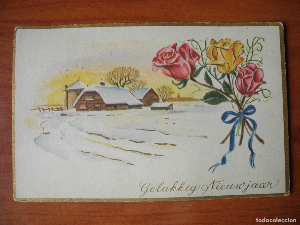 Postais: Postal Navidad. Rosas paisaje nevado puente r&iacute;o contornos dorados. 14x9. Circulada con sello 1954