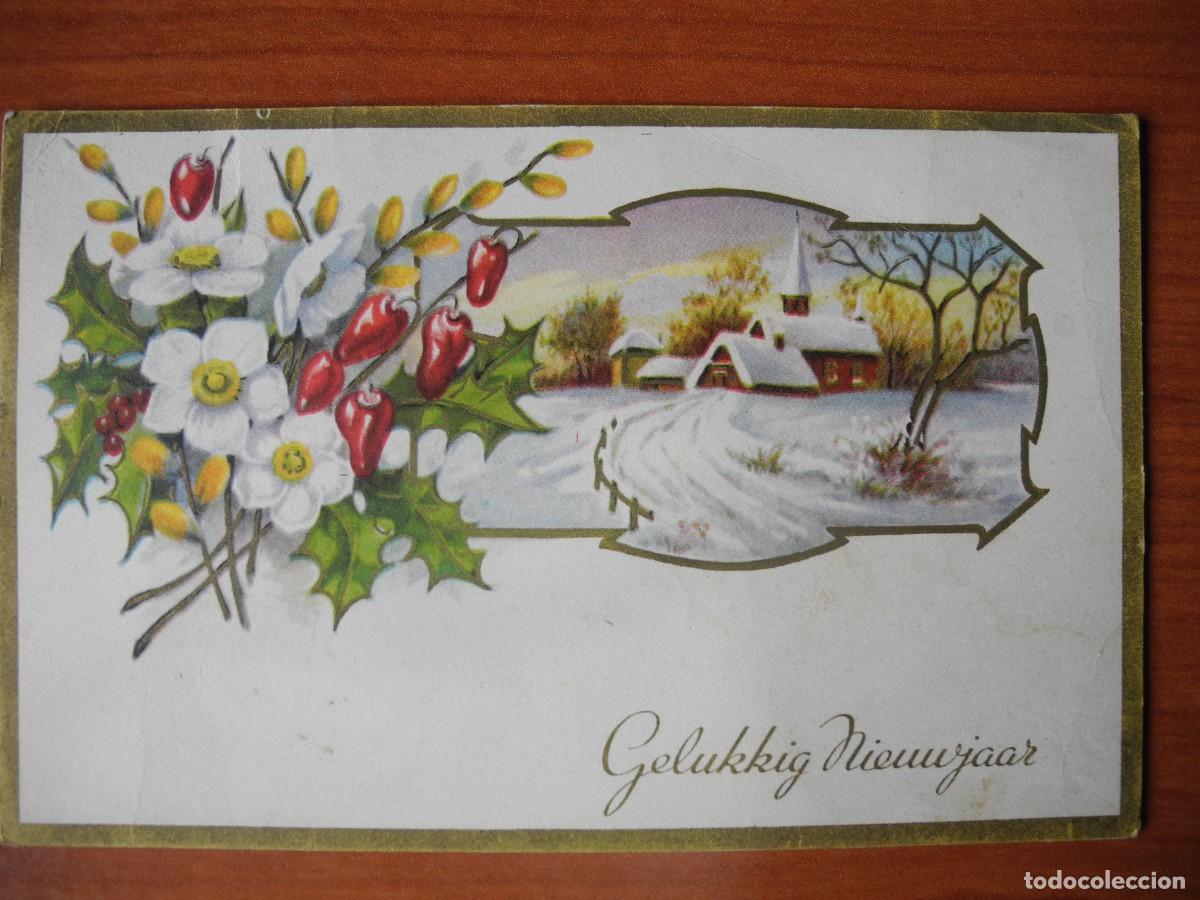 Postais: Postal Navidad. Flores paisaje nevado contornos dorados. 14x9. Circulada sin sello 1952