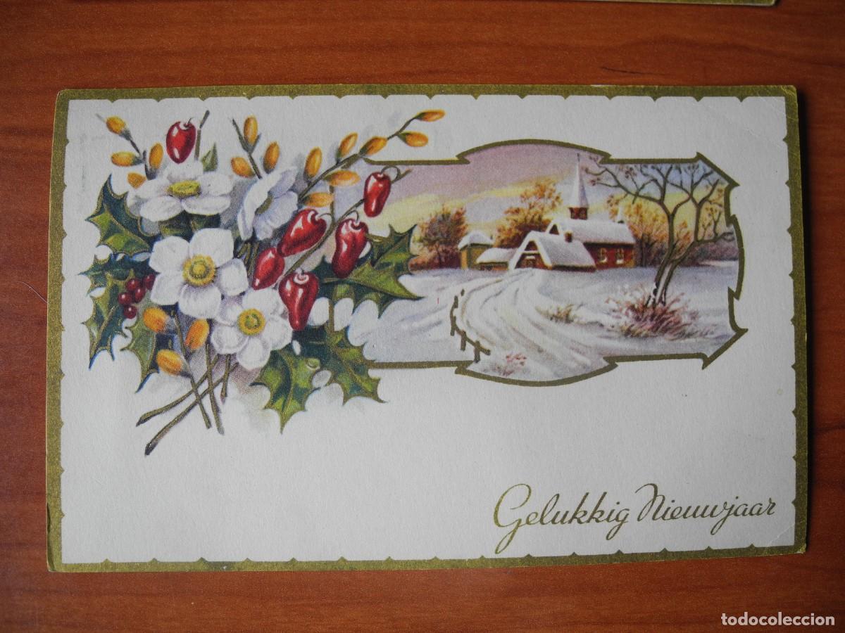 Postais: Postal Navidad. Flores paisaje nevado contornos dorados. 14x9. Circulada con sello 1960