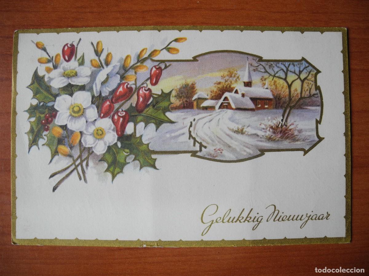 Postais: Postal Navidad. Flores paisaje nevado contornos dorados. 14x9. Circulada con sello