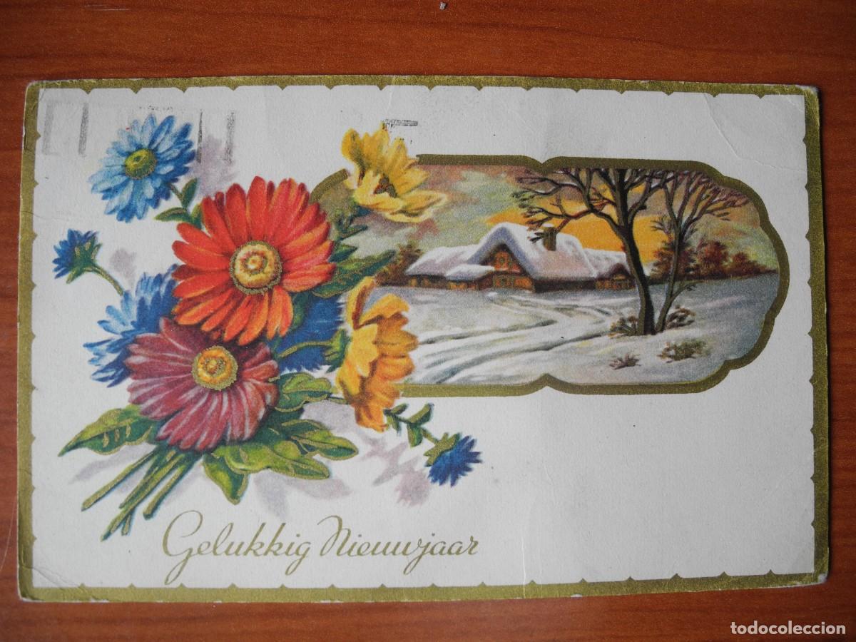 Postais: Postal Navidad. Flores paisaje nevado contornos dorados. 14x9. Circulada con sello