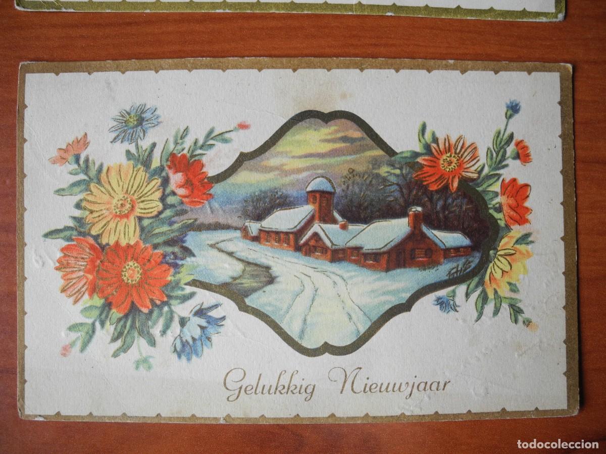 Postkarten: Postal Navidad. Flores paisaje nevado contornos dorados. 14x9. Circulada con sello 1954