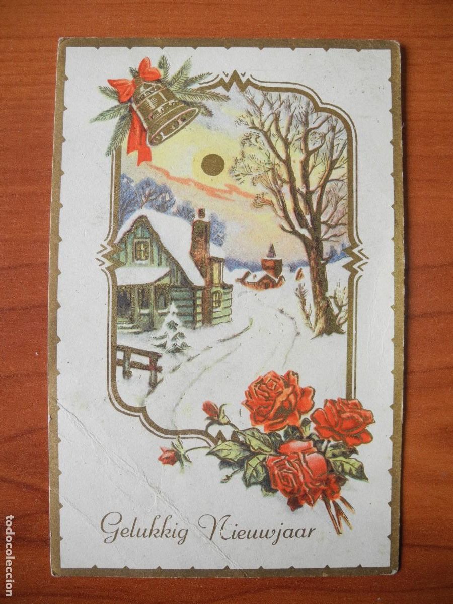 Postkarten: Postal Navidad. Flores rosas paisaje nevado contornos dorados campana 14x9. Circulada sin sello 1956