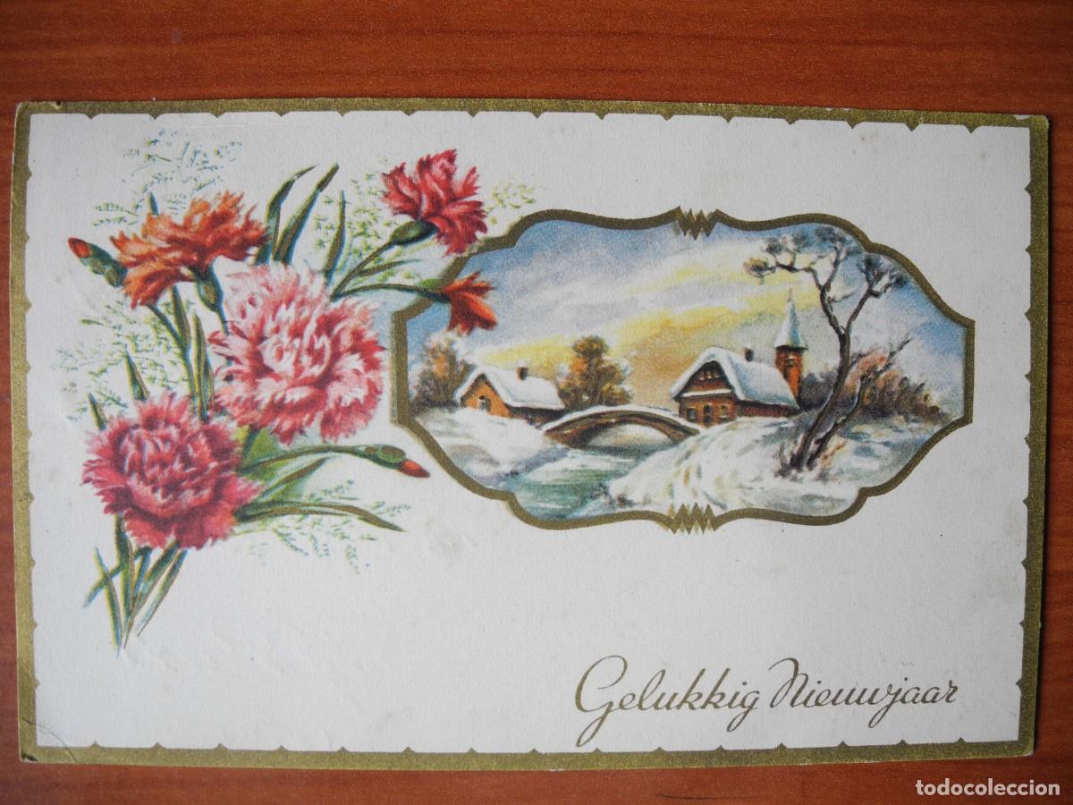 Postales: Postal Navidad. Flores claveles paisaje nevado contornos dorados 14x9. Circulada con sello 1956