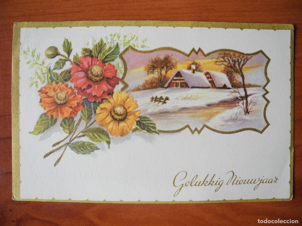 Postales: Postal Navidad. Flores paisaje nevado contornos dorados 14x9. Circulada con sello