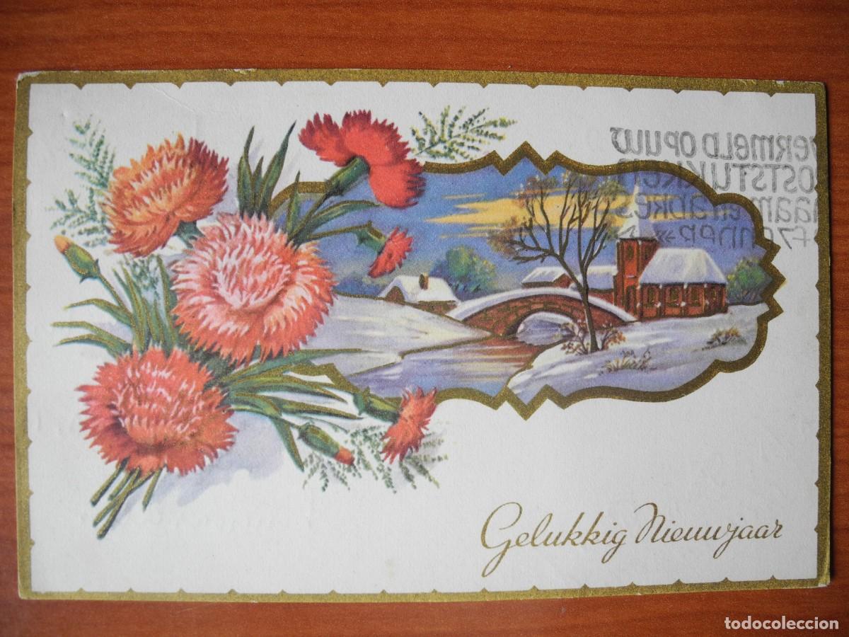 Postales: Postal Navidad. Flores paisaje nevado puente rio contornos dorados 14x9. Circulada con sello 1954