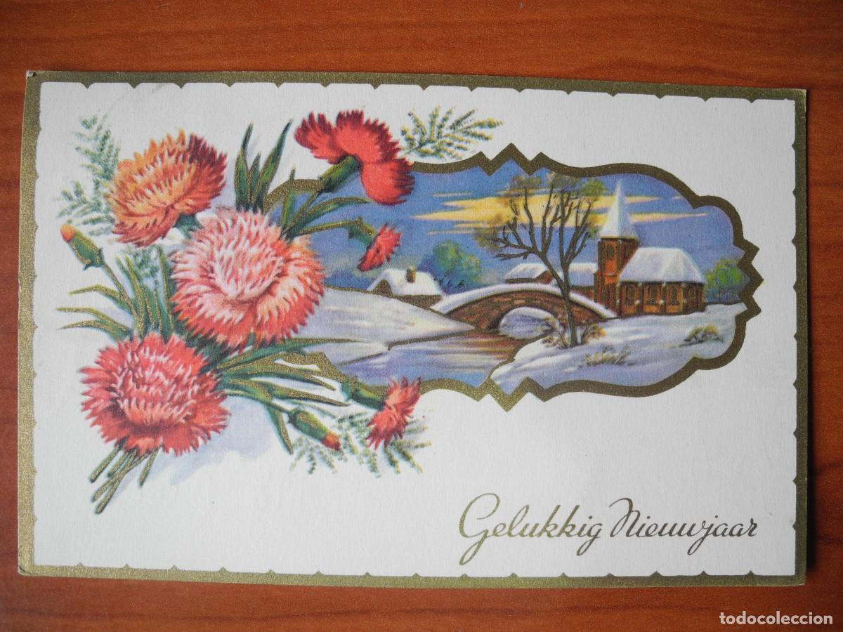 Postales: Postal Navidad. Flores paisaje nevado puente rio contornos dorados 14x9. Circulada con sello 1953
