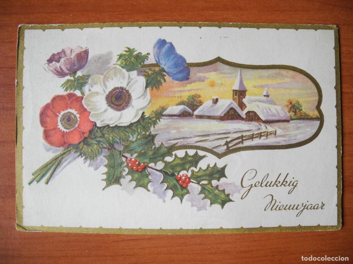Postales: Postal Navidad. Flores paisaje nevado acebo contornos dorados 14x9. Circulada con sello 1955