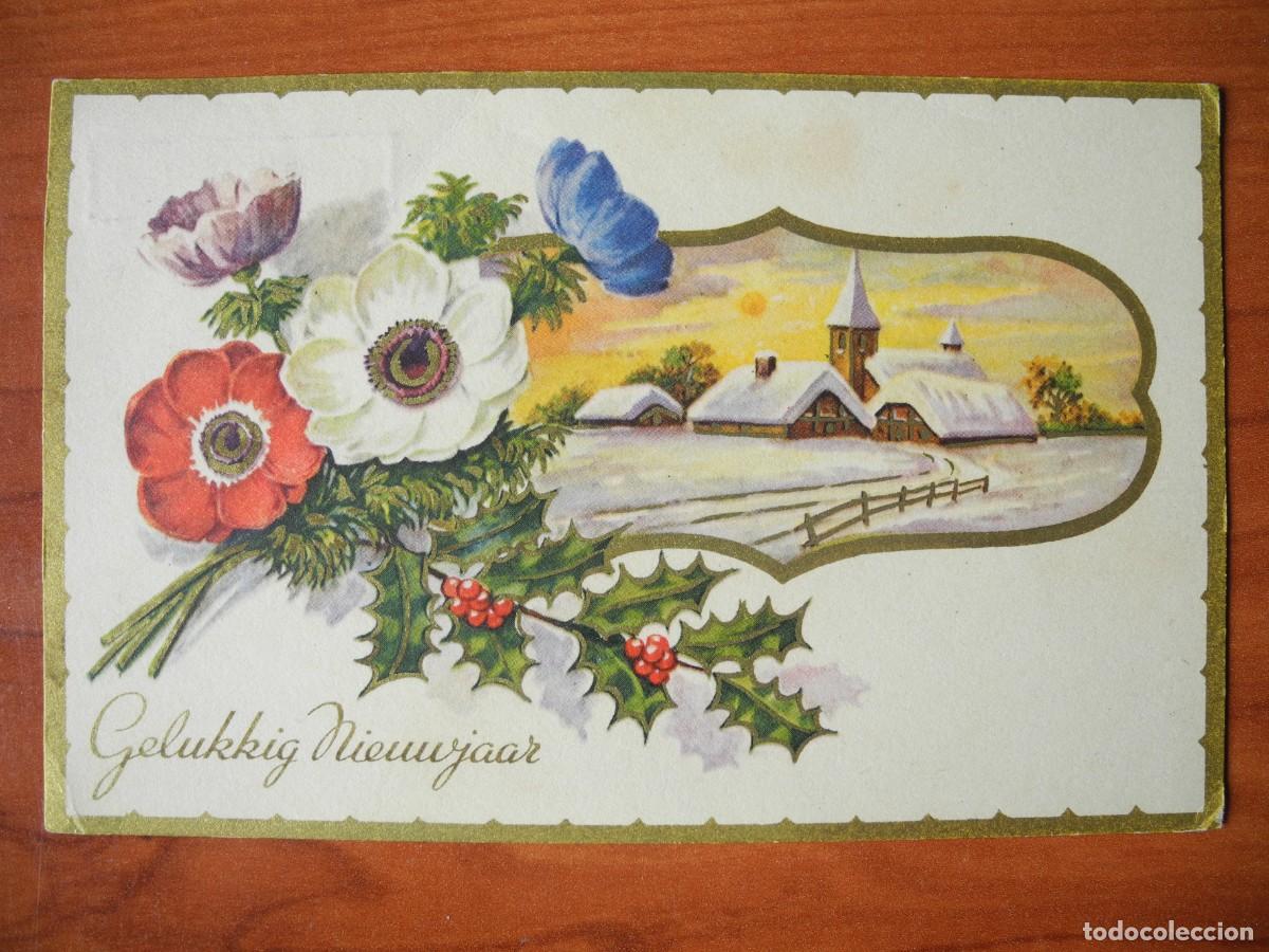 Postales: Postal Navidad. Flores paisaje nevado acebo contornos dorados 14x9. Circulada con sello