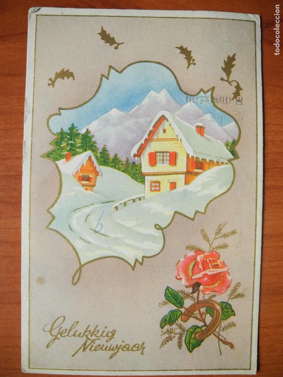 Postales: Postal Navidad. Flores paisaje nevado contornos dorados 14x9. Circulada con sello 1956
