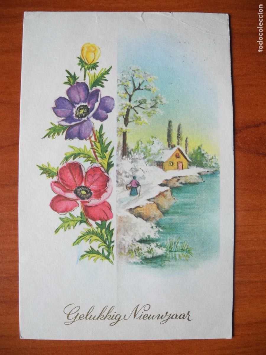 Postales: Postal Navidad. Flores paisaje nevado rio contornos dorados 14x9. Circulada sin sello
