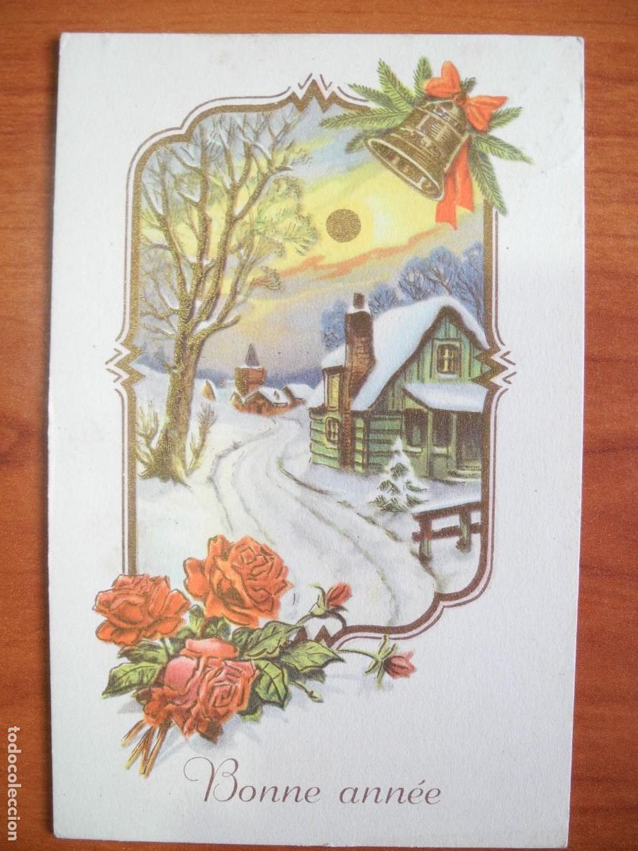 Postales: Postal Navidad. Flores rosas paisaje nevado campana contornos dorados 14x9. Circulada con sello 1954