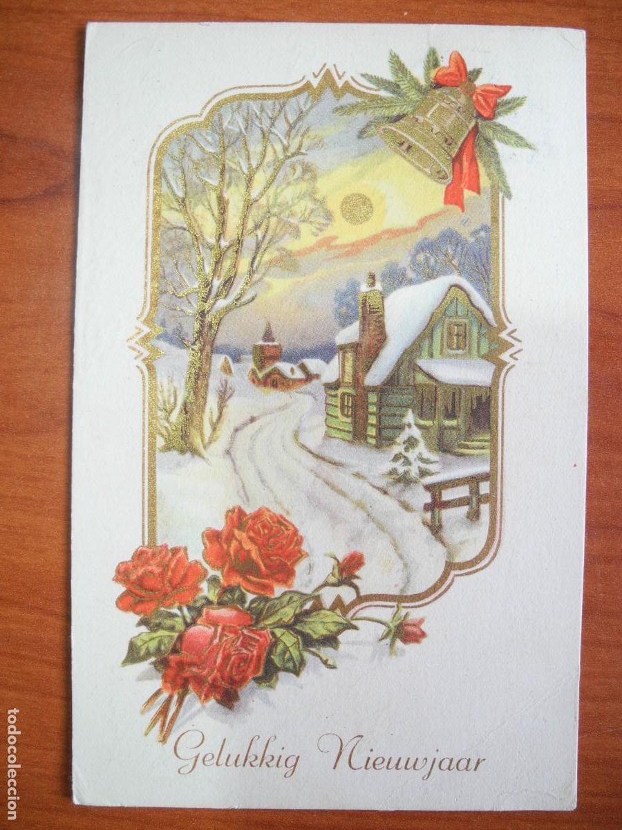Postales: Postal Navidad. Flores rosas paisaje nevado campana contornos dorados 14x9. Circulada con sello 1955