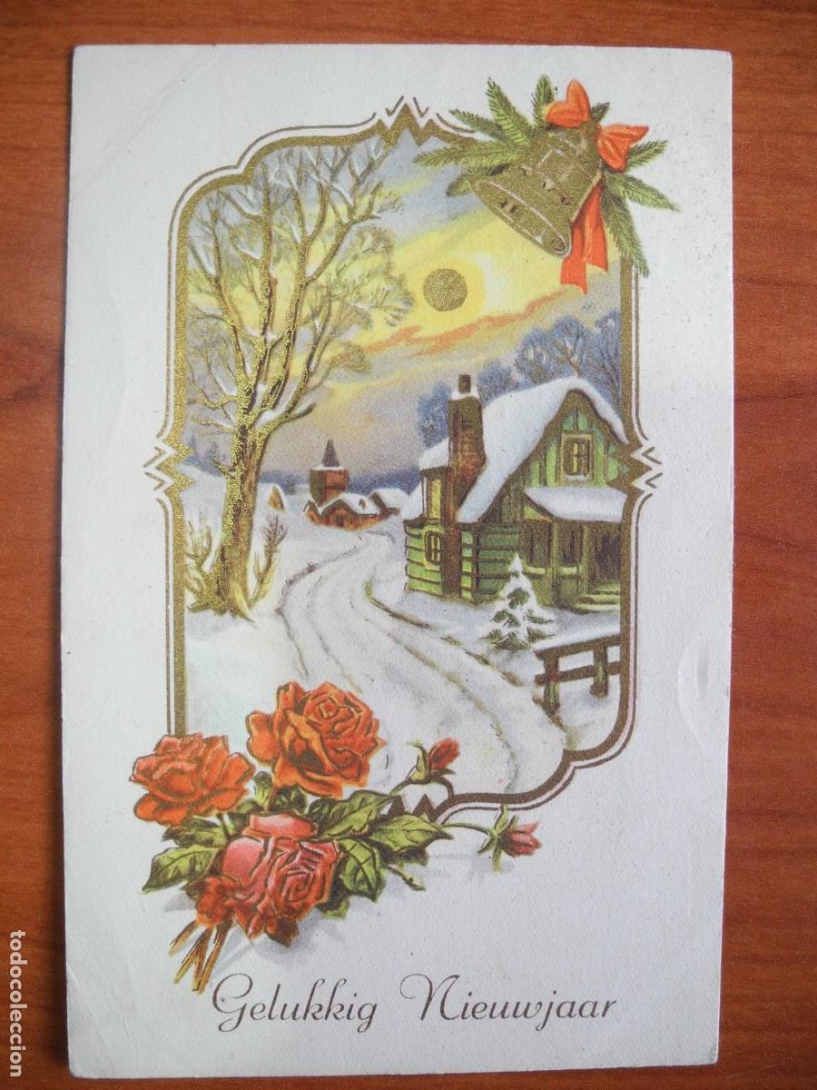 Postales: Postal Navidad. Flores rosas paisaje nevado campana contornos dorados 14x9. Circulada con sello 1954