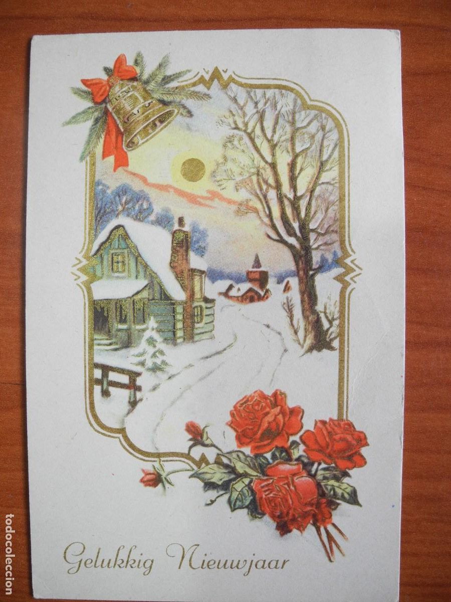 Postales: Postal Navidad. Flores rosas paisaje nevado campana contornos dorados 14x9. Circulada con sello 1955