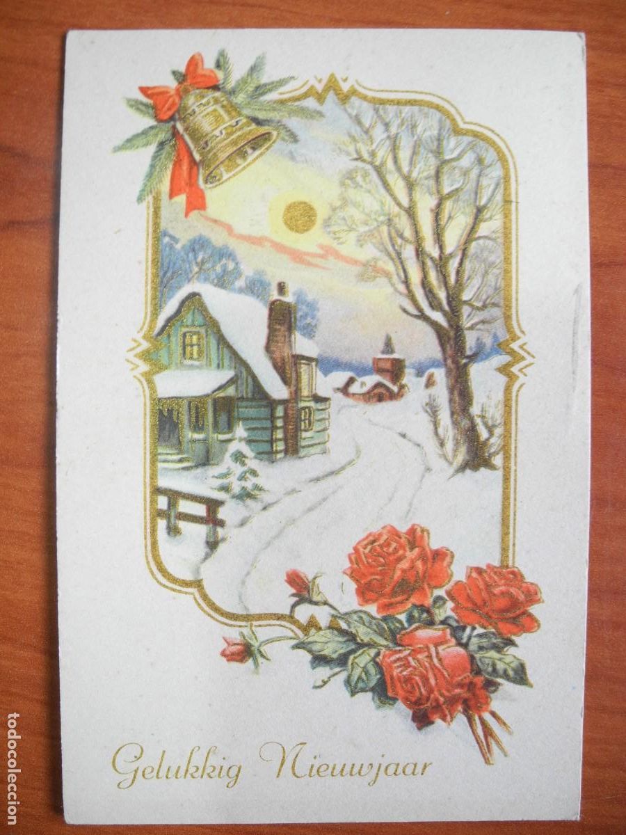 Postales: Postal Navidad. Flores rosas paisaje nevado campana contornos dorados 14x9. Circulada con sello 1985