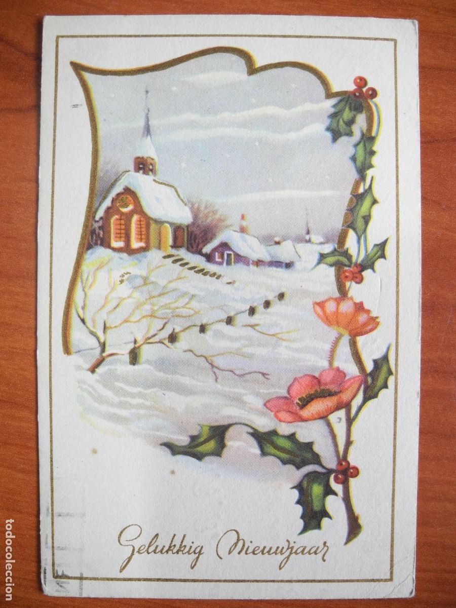 Postales: Postal Navidad. Flores paisaje nevado contornos dorados 14x9. Circulada con sello