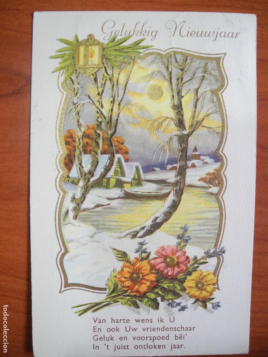 Postales: Postal Navidad. Flores paisaje nevado contornos dorados 14x9. Circulada con sello 1954