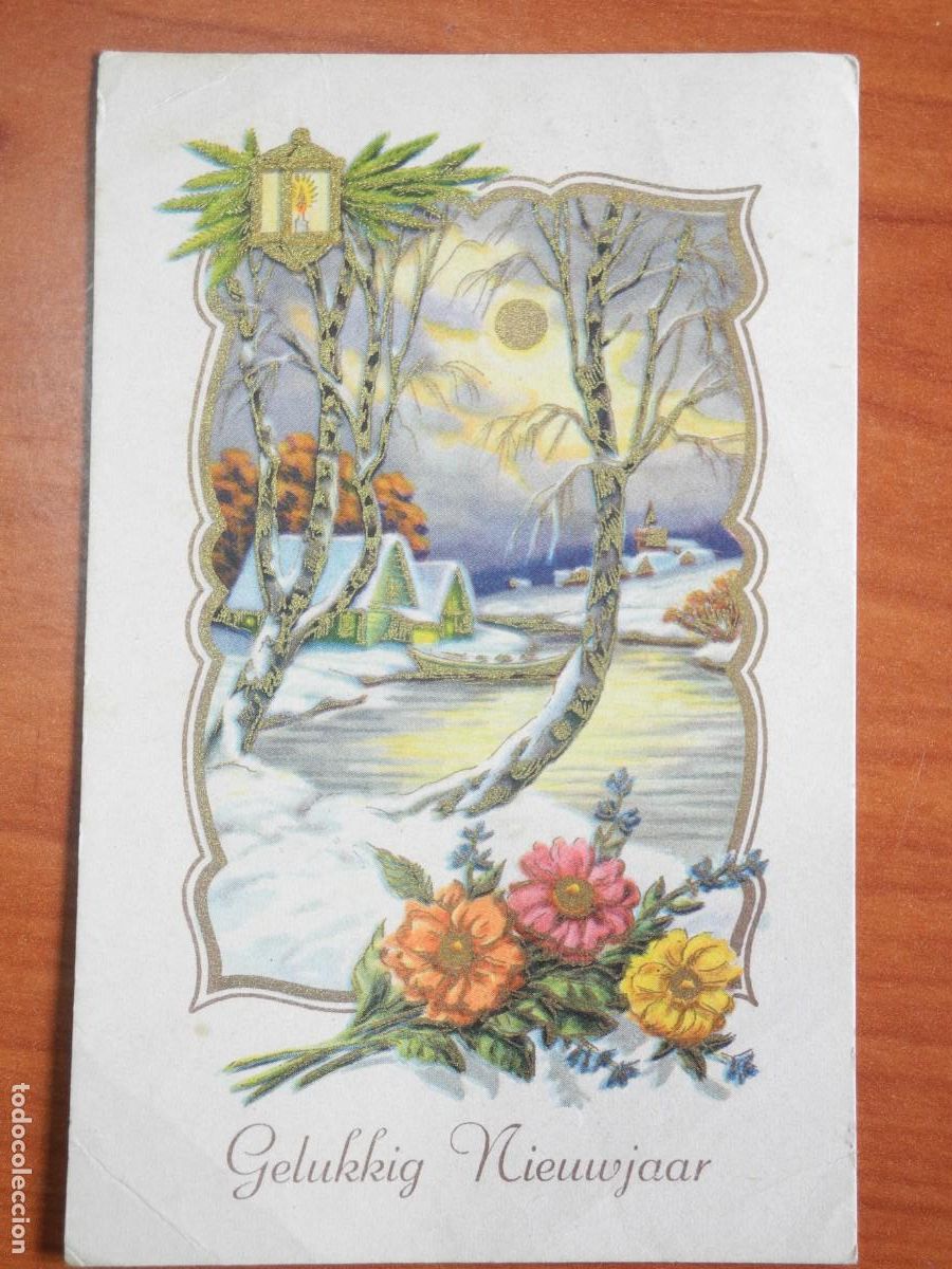 Postales: Postal Navidad. Flores paisaje nevado contornos dorados 14x9. Circulada con sello 1954