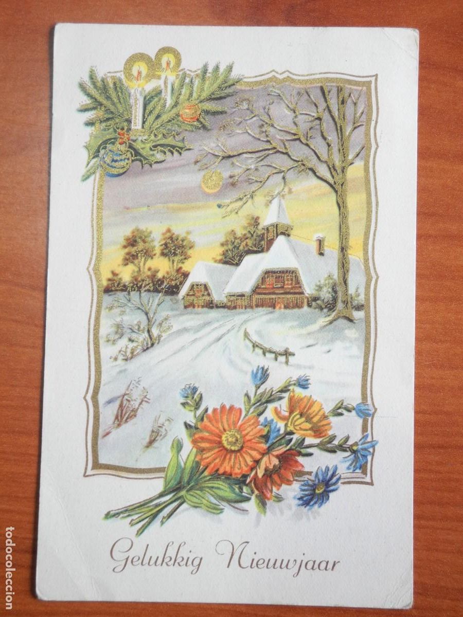 Postales: Postal Navidad. Flores paisaje nevado contornos dorados 14x9. Circulada con sello