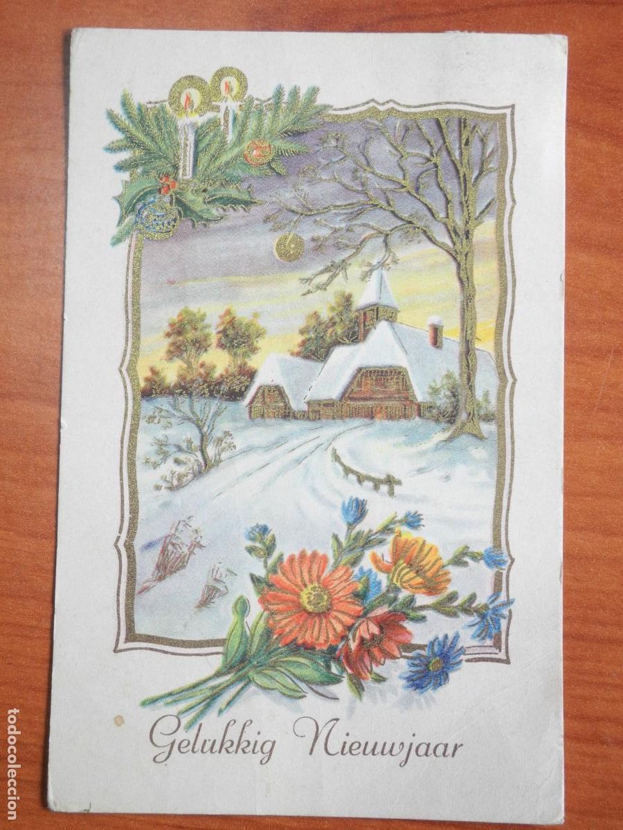 Postales: Postal Navidad. Flores paisaje nevado contornos dorados 14x9. Circulada con sello 1954