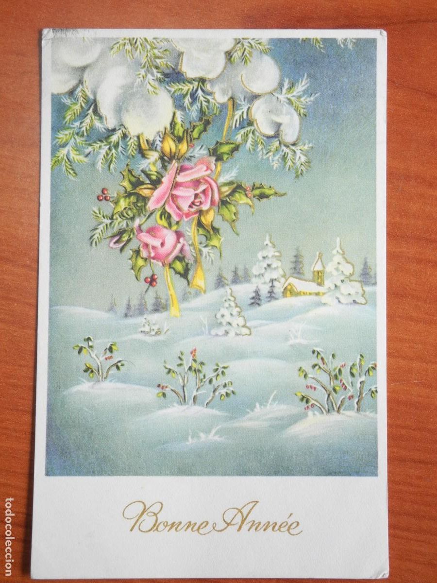 Postales: Postal Navidad. Flores paisaje nevado contornos dorados 14x9. Circulada con sello 1965