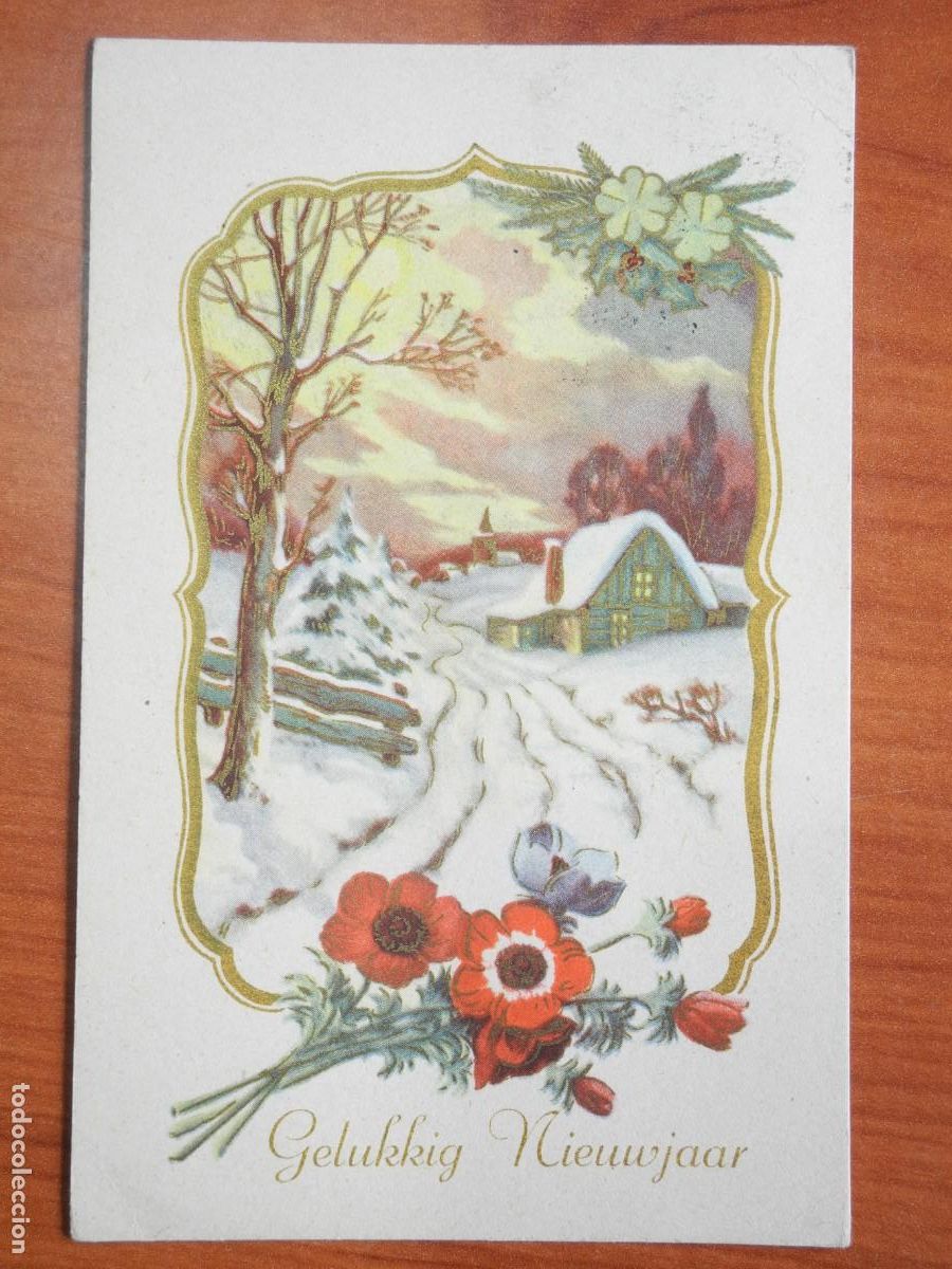 Postales: Postal Navidad. Flores paisaje nevado contornos dorados 14x9. Circulada sin sello 1955