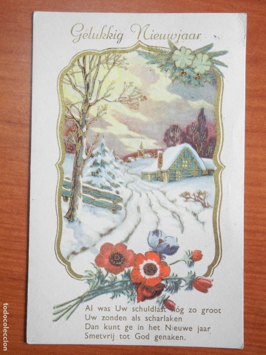 Postales: Postal Navidad. Flores paisaje nevado contornos dorados 14x9. Circulada con sello 1954