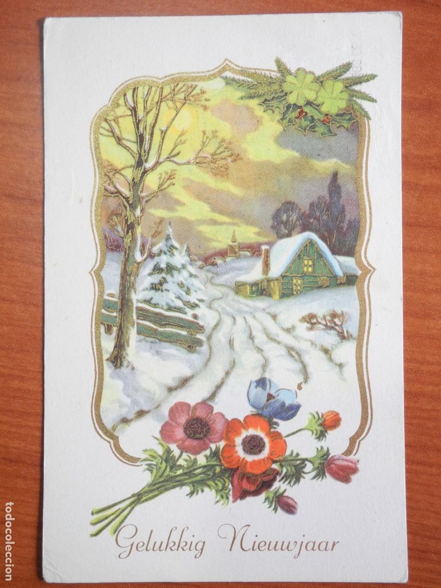 Postales: Postal Navidad. Flores paisaje nevado contornos dorados 14x9. Circulada sin sello 1954