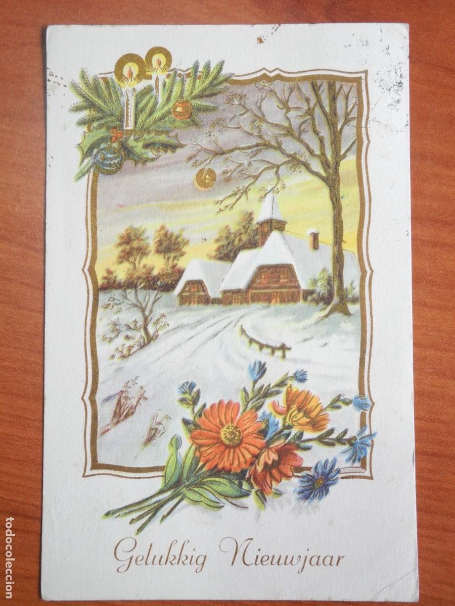 Postales: Postal Navidad. Flores paisaje nevado contornos dorados 14x9. Circulada con sello 1953