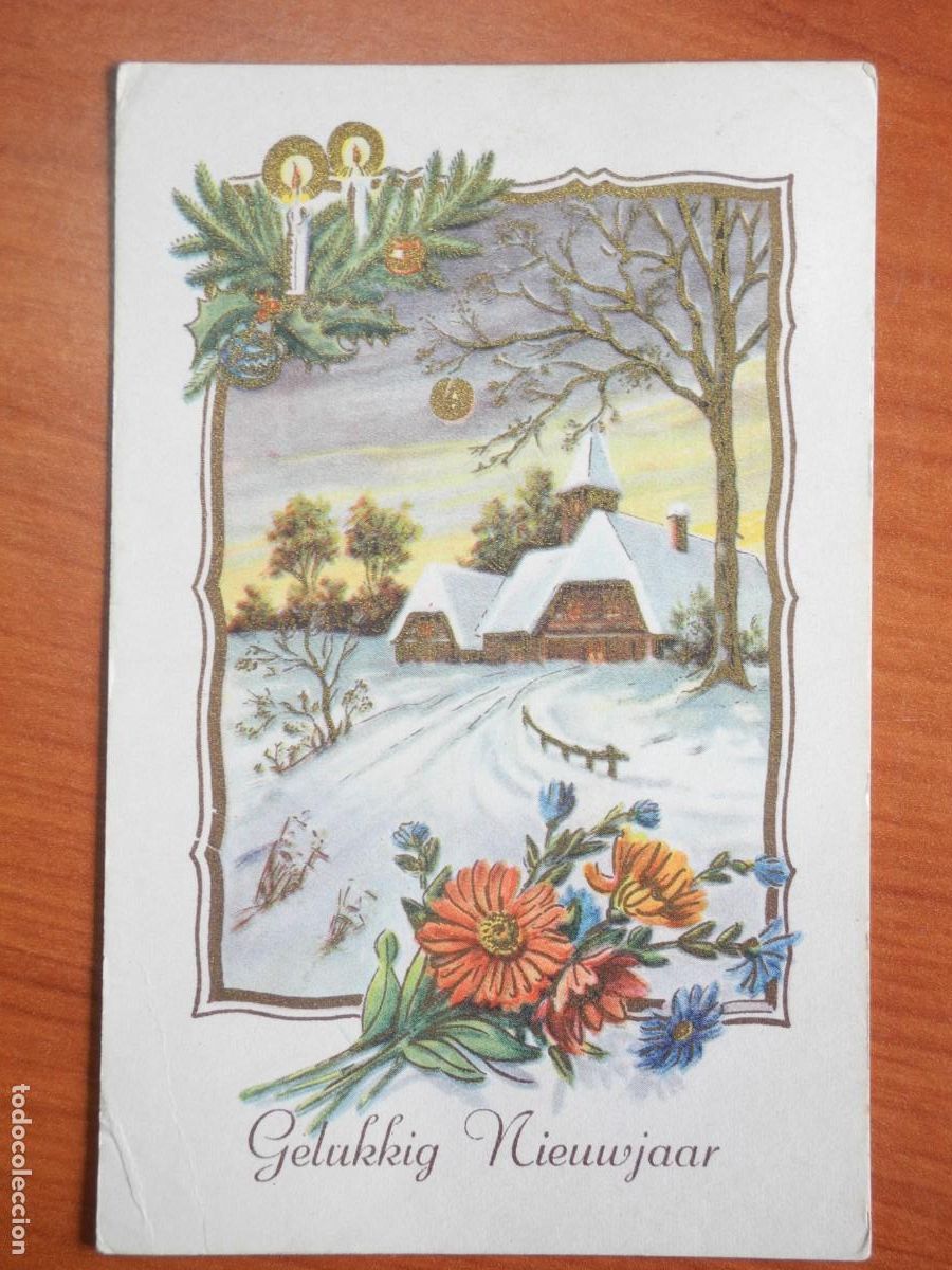 Postales: Postal Navidad. Flores paisaje nevado contornos dorados 14x9. Circulada con sello
