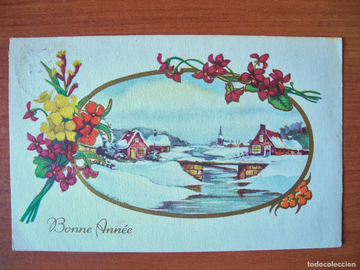 Postales: Postal Navidad. Flores paisaje nevado contornos dorados 14x9. Circulada con sello 1956
