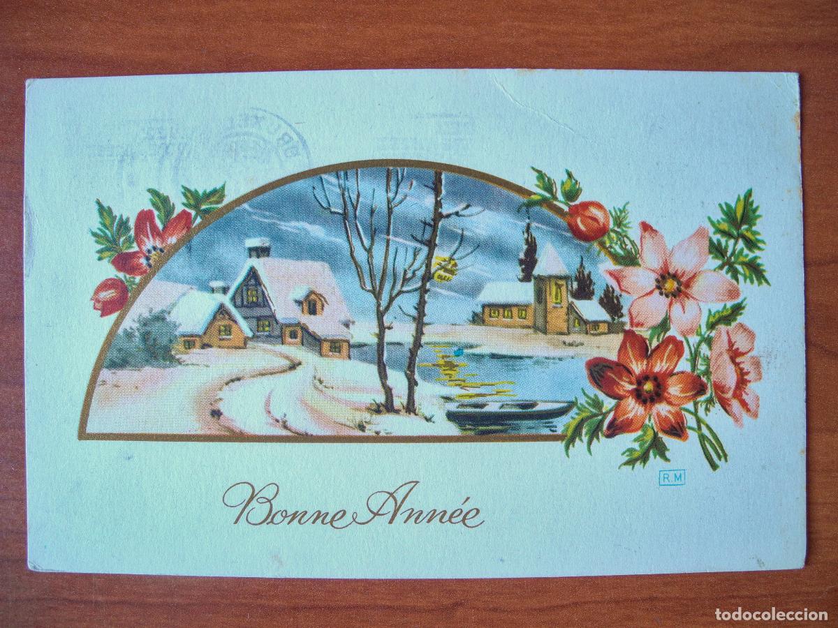 Postales: Postal Navidad. Flores paisaje nevado contornos dorados 14x9. Circulada con sello 1959