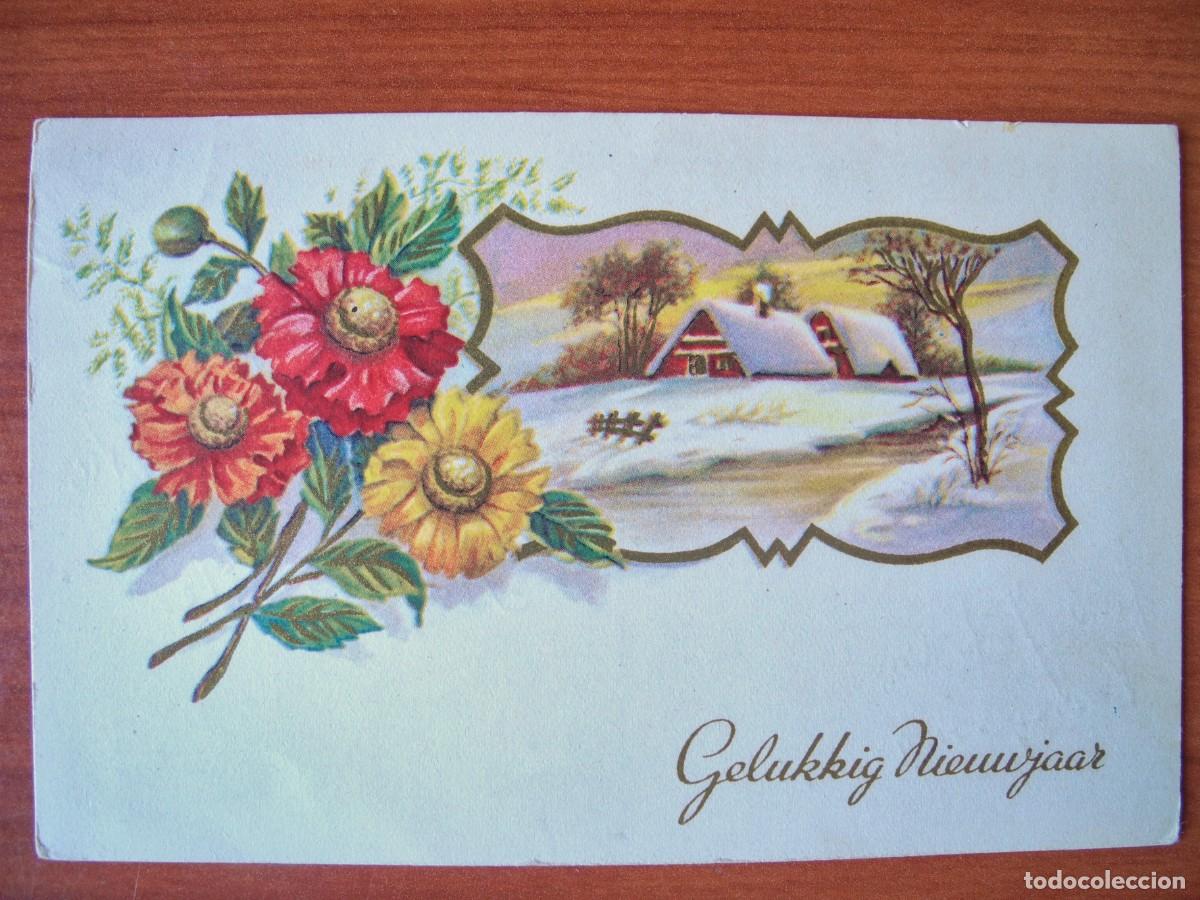 Postales: Postal Navidad. Flores paisaje nevado contornos dorados 14x9. Circulada con sello