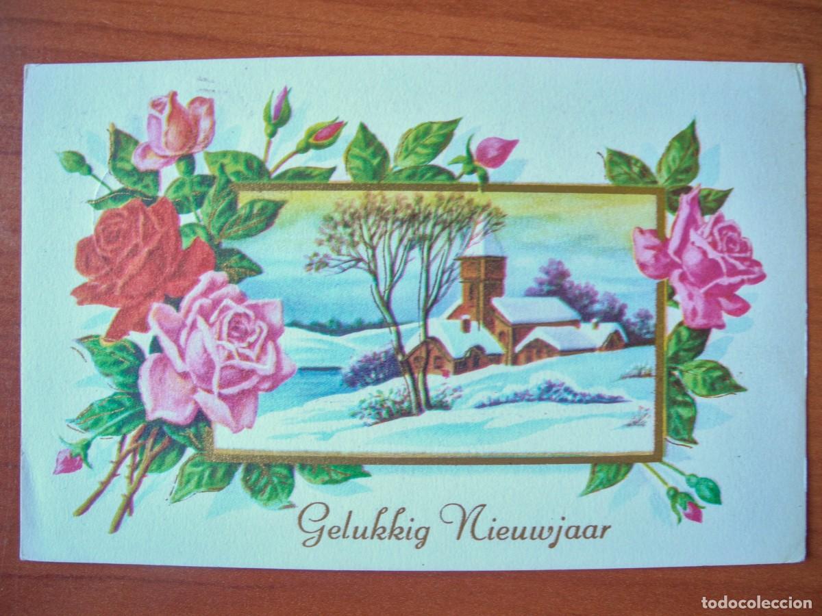 Postales: Postal Navidad. Flores rosas paisaje nevado contornos dorados 14x9. Circulada con sello 1970