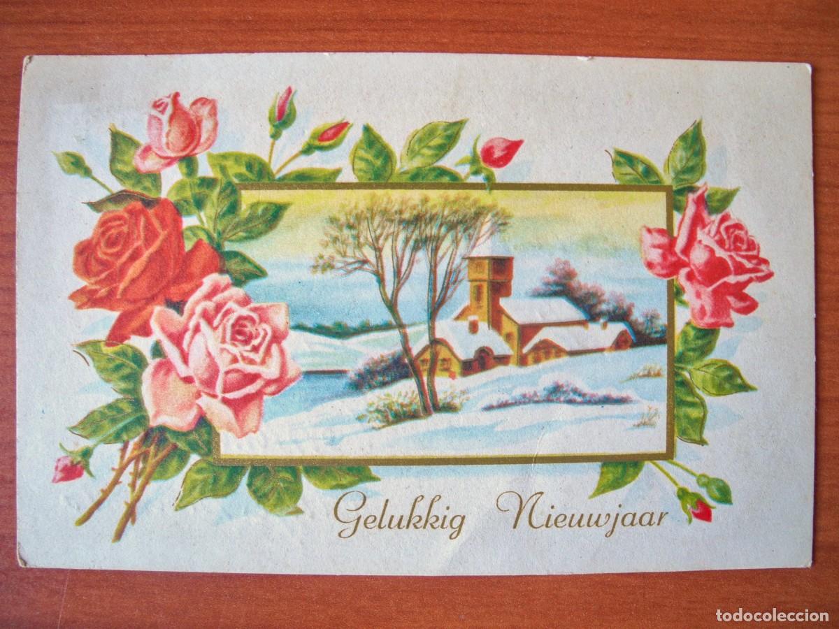 Postales: Postal Navidad. Flores rosas paisaje nevado contornos dorados 14x9. Circulada con sello 1956