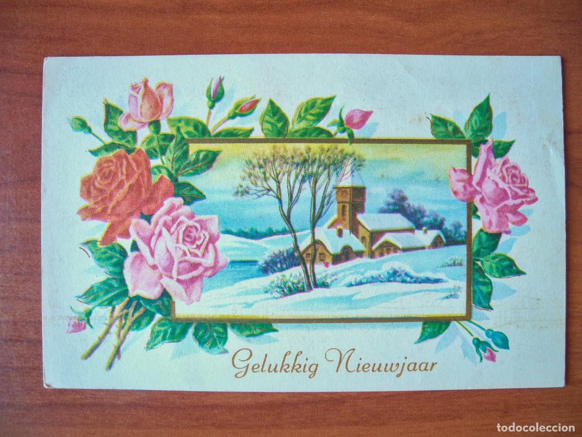 Postales: Postal Navidad. Flores rosas paisaje nevado contornos dorados 14x9. Sin circular